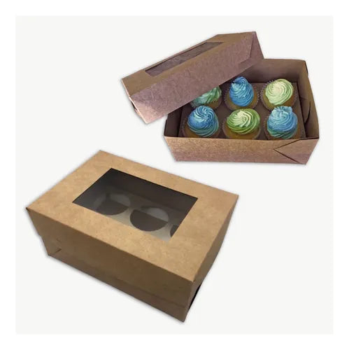 cod: 3496 (50u) CAJAS PARA 6 CUPCAKES KRAFT CON CA Y VISOR - medida: 22.4x15.4x10