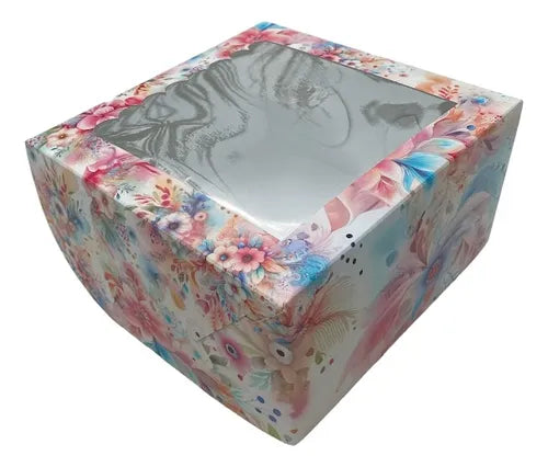 cod: 3067 (10u) CAJA FLOR CUADRADA MINI TORTA REGALOS C/VISOR - medida: 19x19x8
