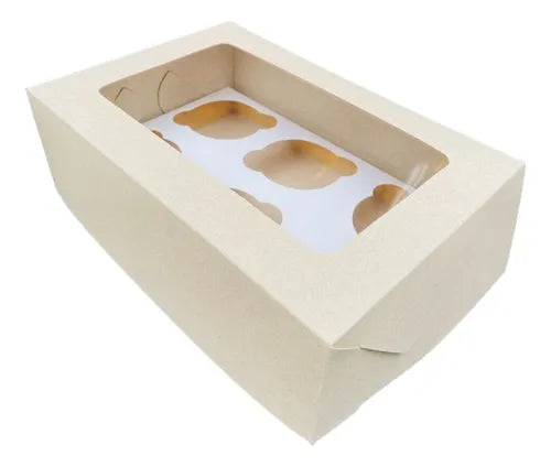 cod: 3813 (1u) CAJA KRAFT PARA 6 CUP CAKES C/ VISOR Y SOPORTE - medida: 26x17x9