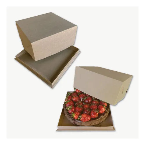 cod: 3857 (100u) CAJAS PARA TORTAS POSTRE BANDEJA + TAPA  MARRÓN - medida: 26x26x12